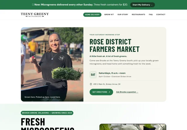 Real Teeny Greeny Microgreens homepage featuring Brooke and the farmers market.