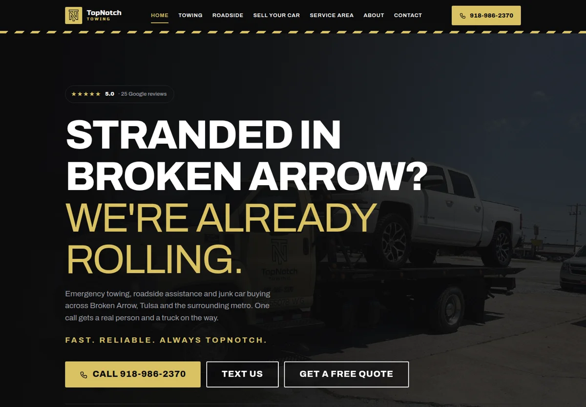 Real Topnotch Towing homepage, featuring towing and roadside assistance in Broken Arrow.